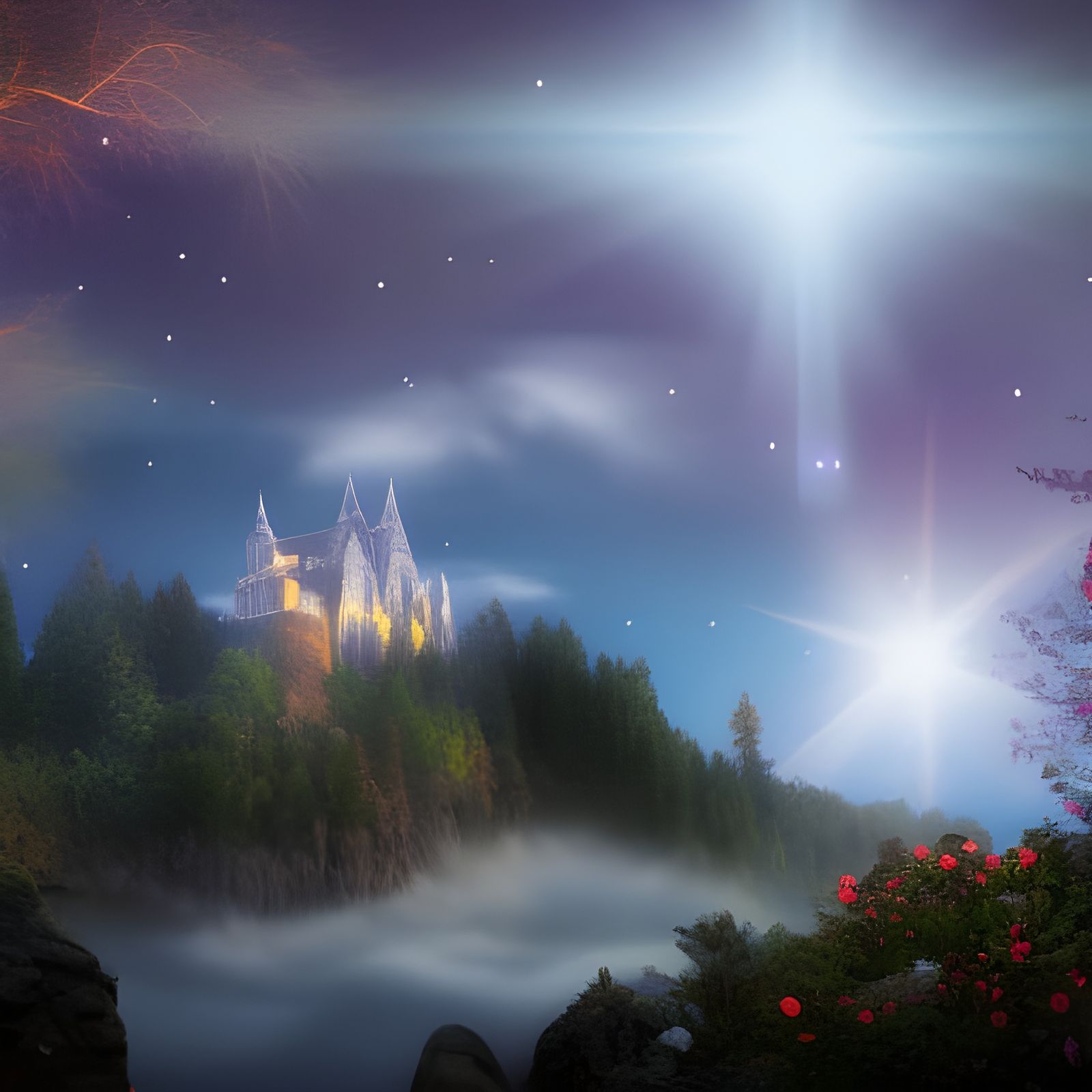 A dark night sky full of glowing stars outside the castle of...