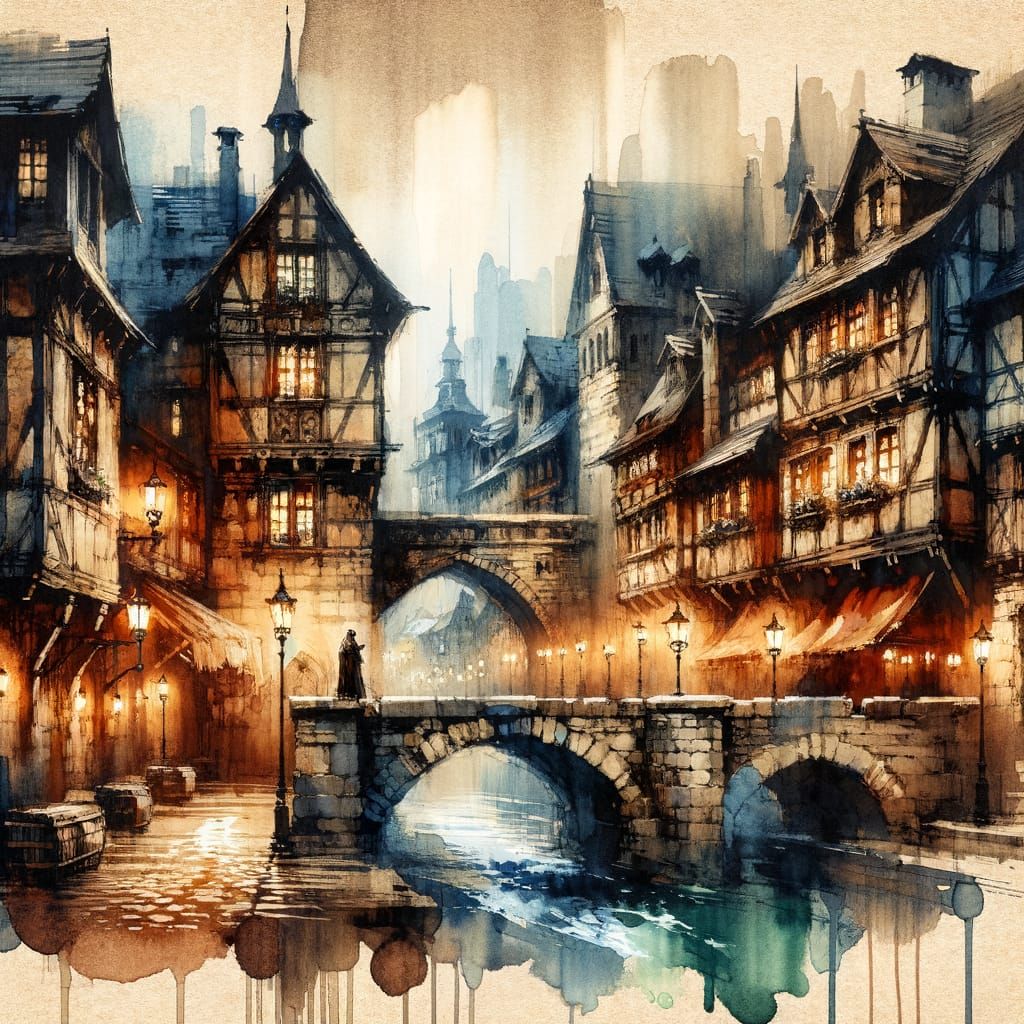 Medieval stone bridge in a bustling city, with half-timbered houses, lanterns, and cobblestone streets. ...  by @Mabel