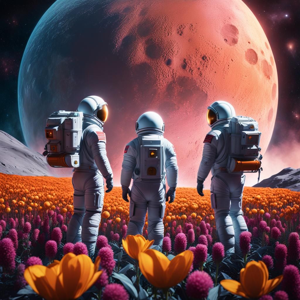 Three men in spacesuits tending to the flowers in a geodesic...