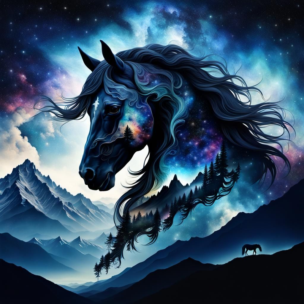 Galaxy night sky of Hyperdetailed horses head silhouette with mountains inside, inspired by nature, insane ...  by @HarrietM