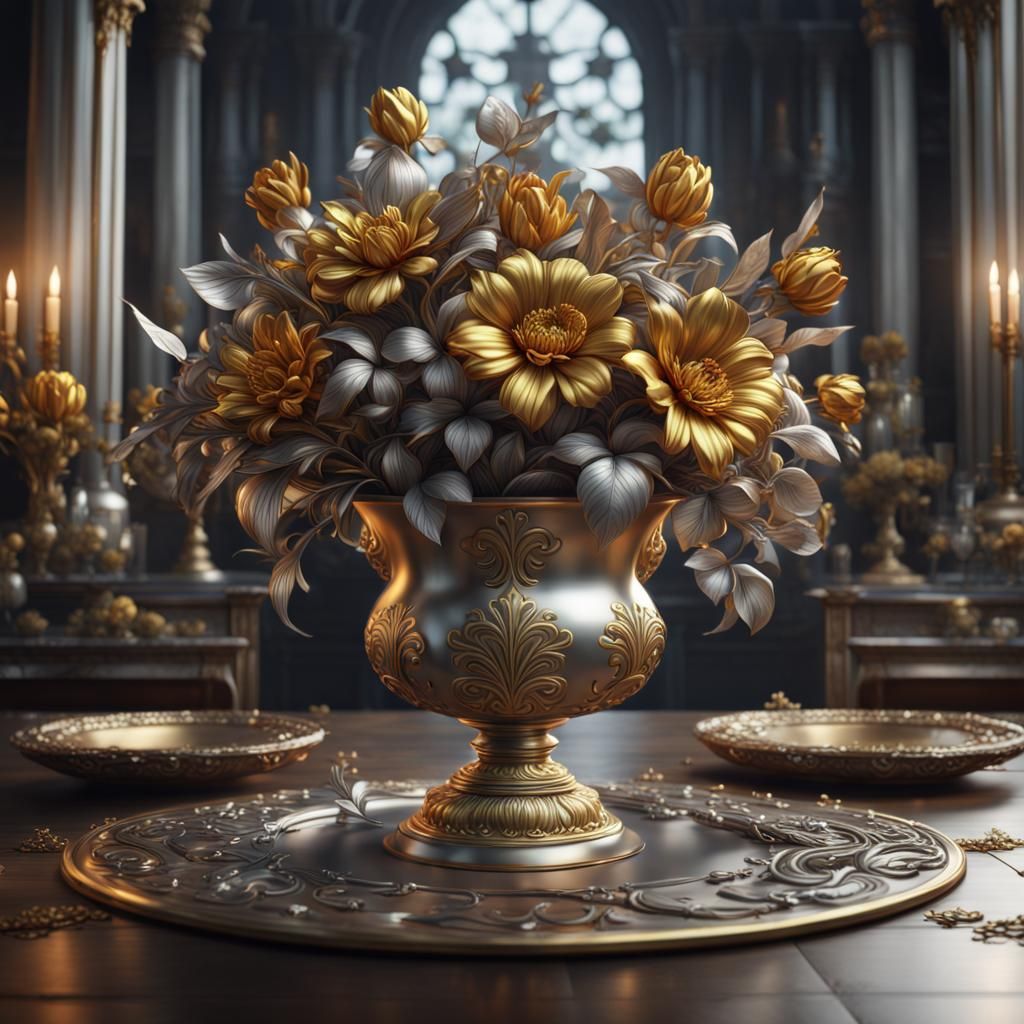 Gold and silver Metal flowers in a Vase in the middle of the...