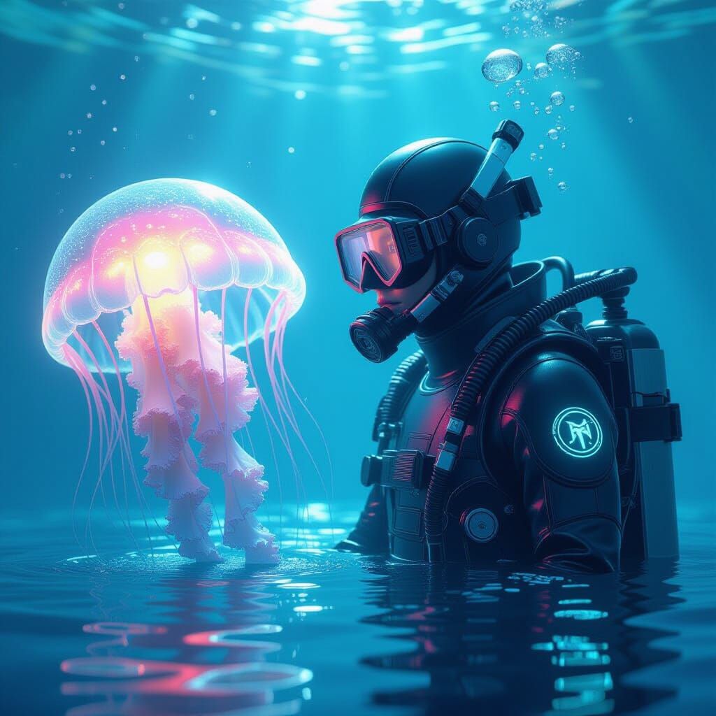 Cyberpunk Diver and Bioluminescent Jellyfish in Space
