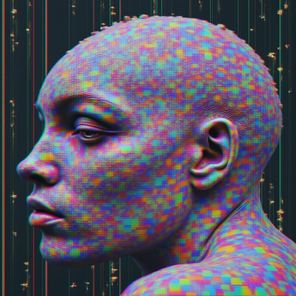 <lora:Glitched:1.0> Recursive head devouring its reflection amid glitch static