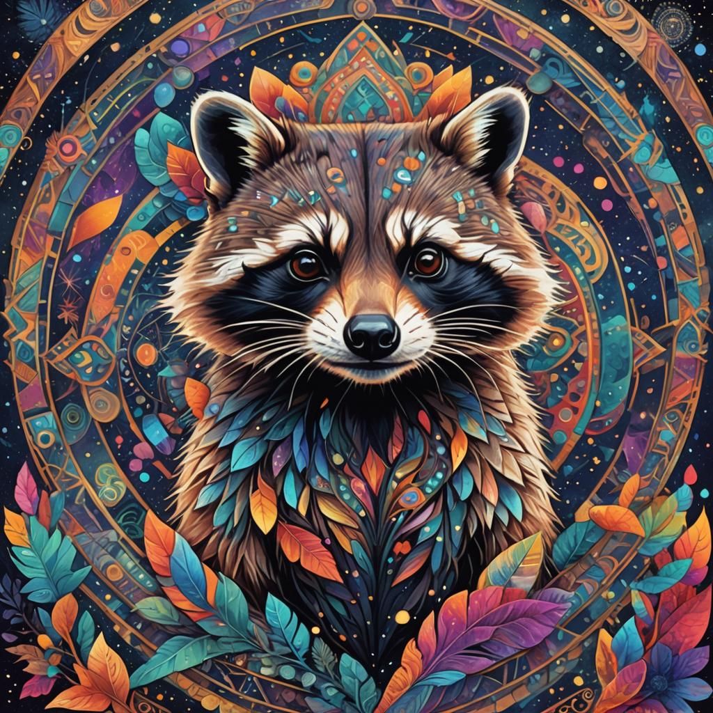 Colorful Raccoon in Abstract Astral Illustration