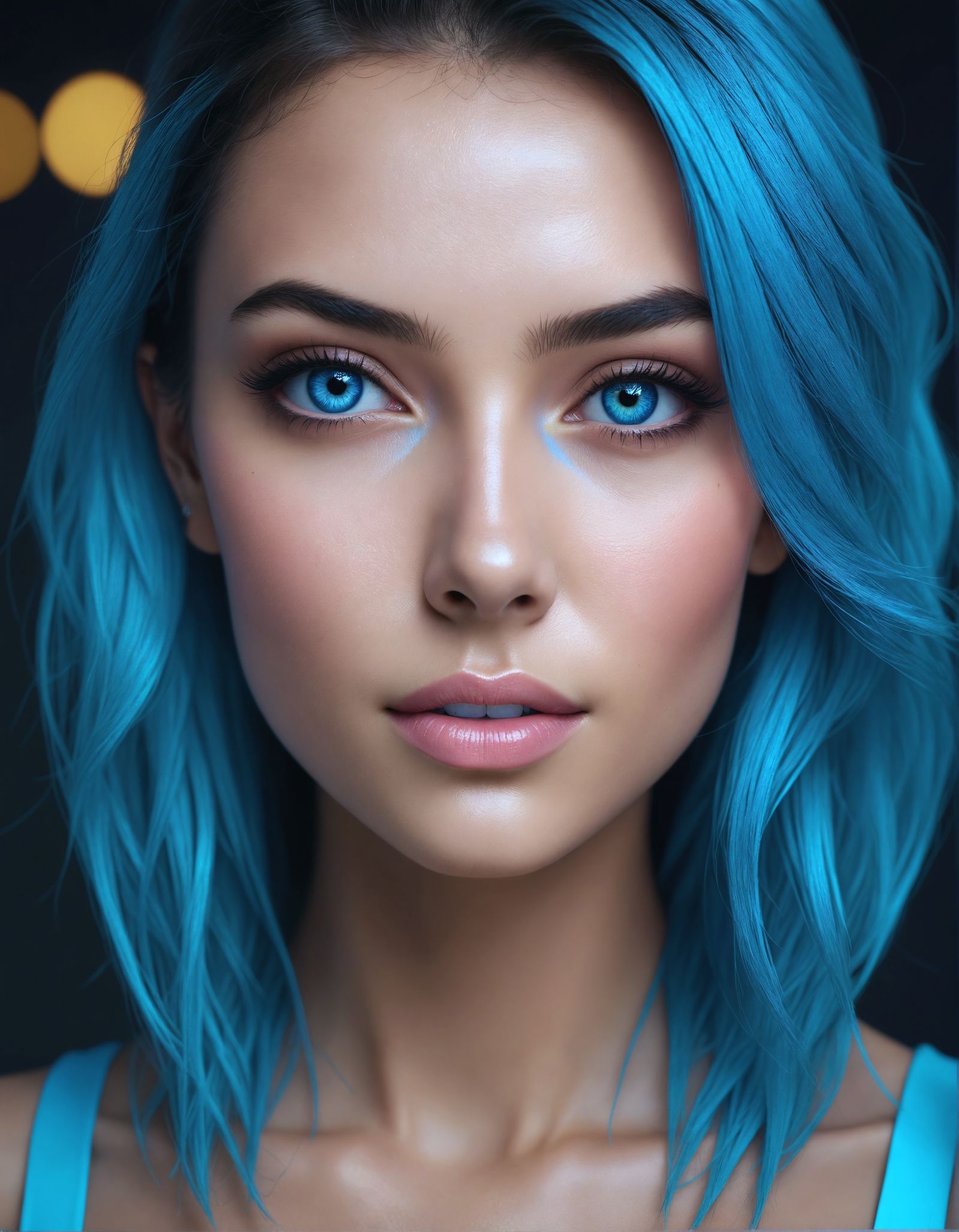 Beautiful young woman with blue bar, neon shade, realistic and detailed face and body