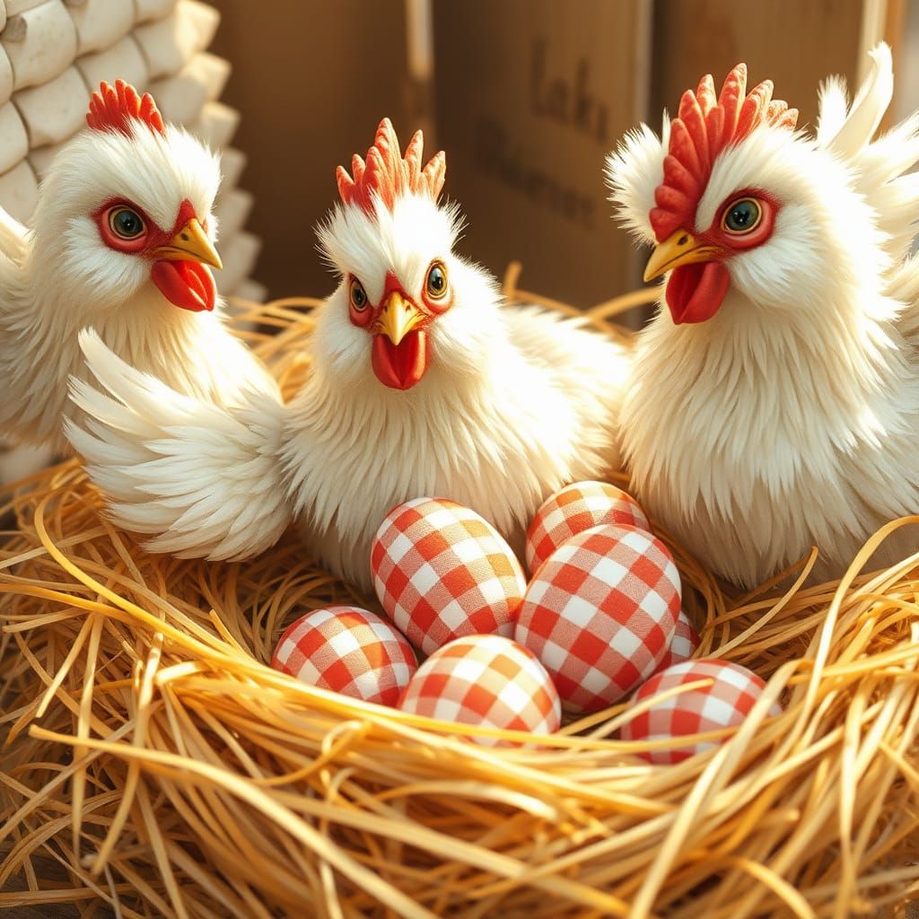 chickens lay gingham eggs  by @Jakob Darkening