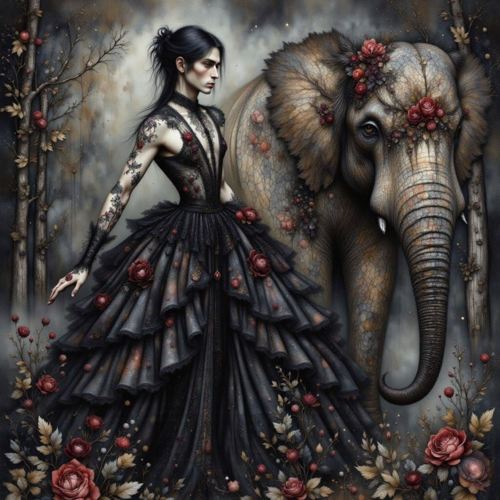 Goth man with an elephant