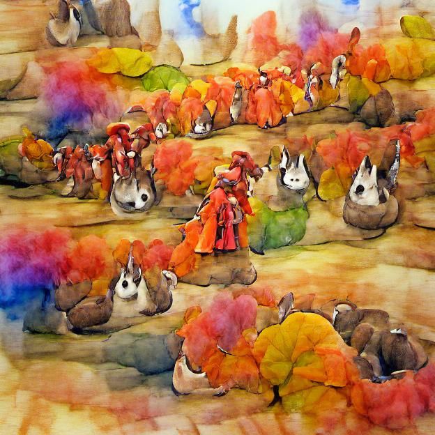 Crowd of rabbits wearing costumes storybook watercolor autum...