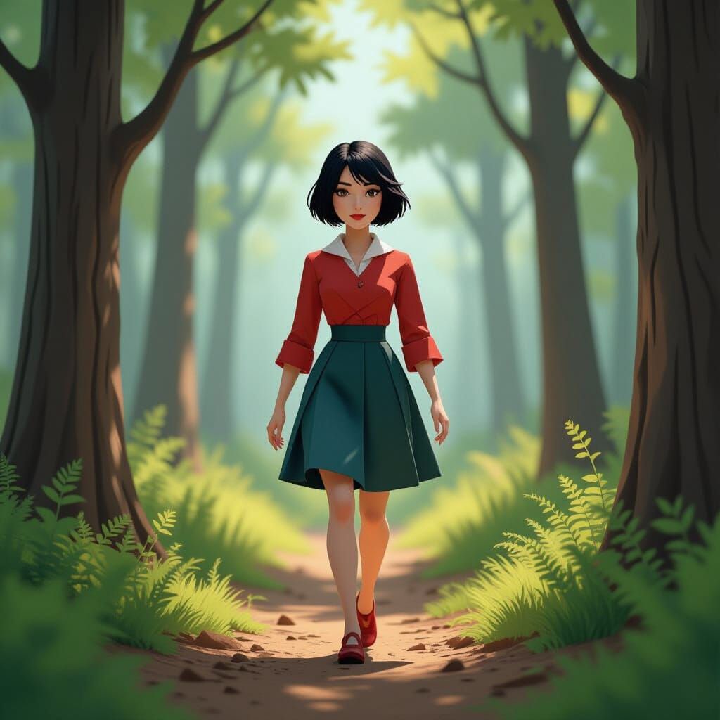 Origami Woman Walks in Detailed Forest