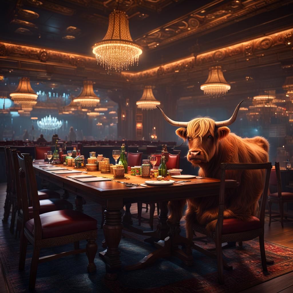 Highland cow sitting at dining table in casino. The air is a...