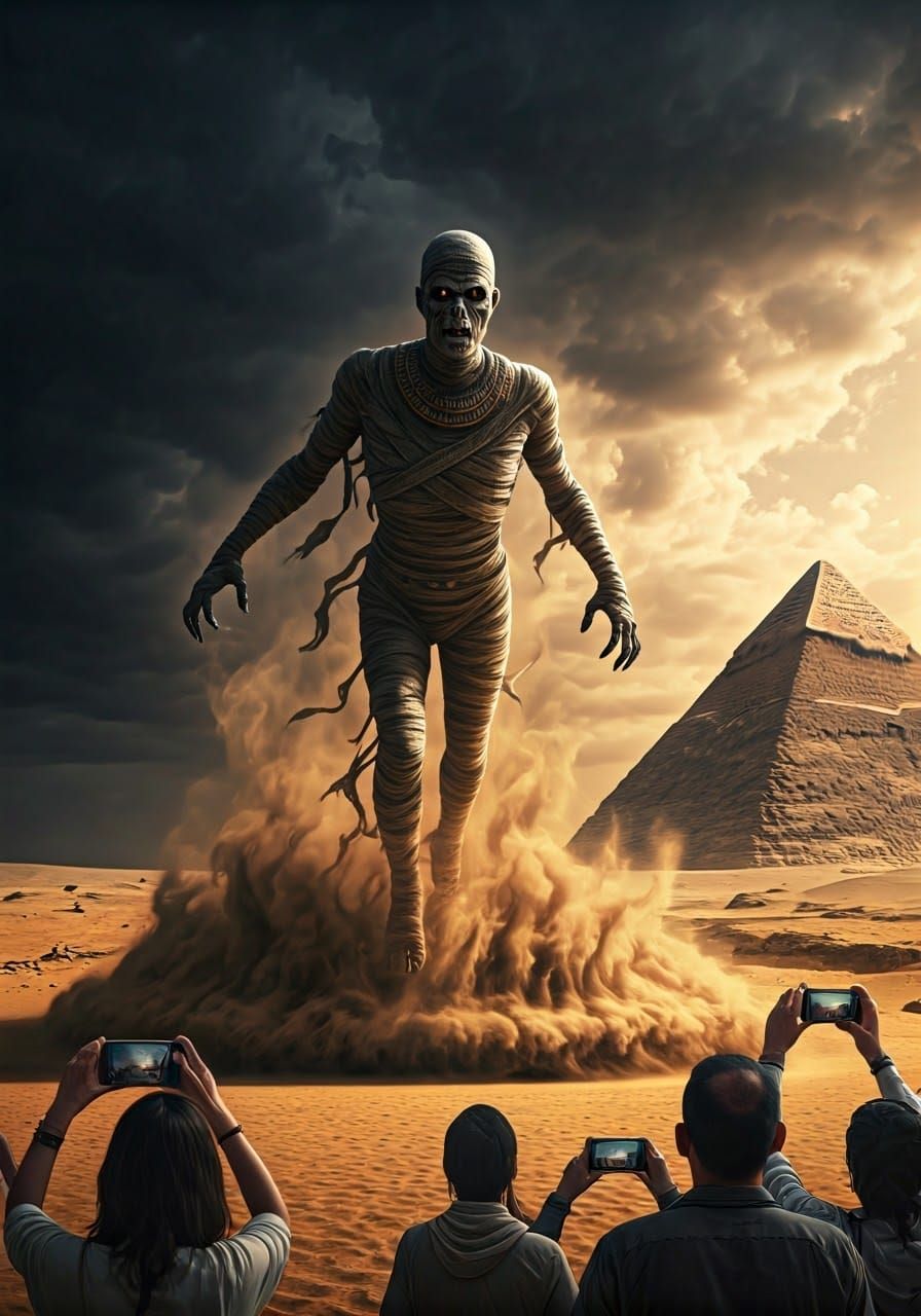 Mummy surrounded by tourists filming with their smartphones. Modern blockbuster hi-res movie shot, film still, capturing a Dark complexion t...
