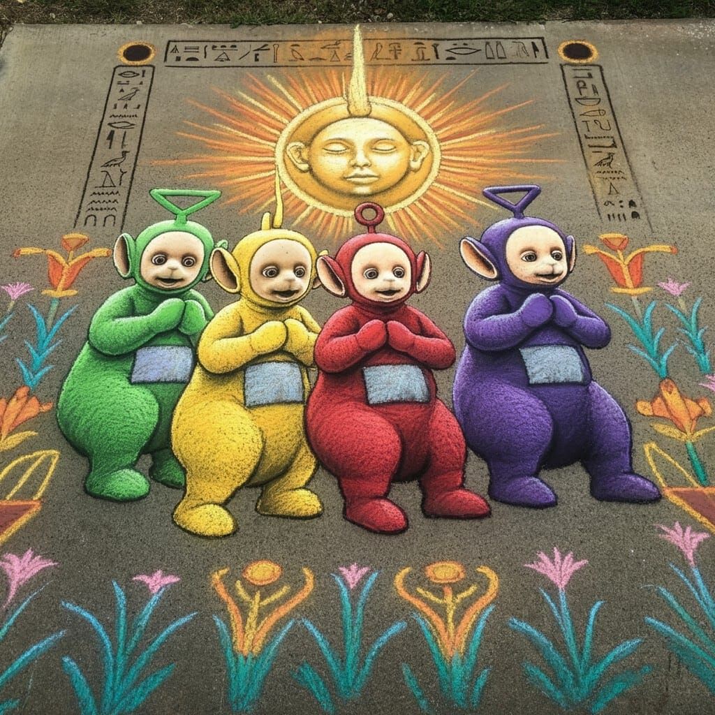 Teletubbies in Egyptian Hieroglyph Chalk Art