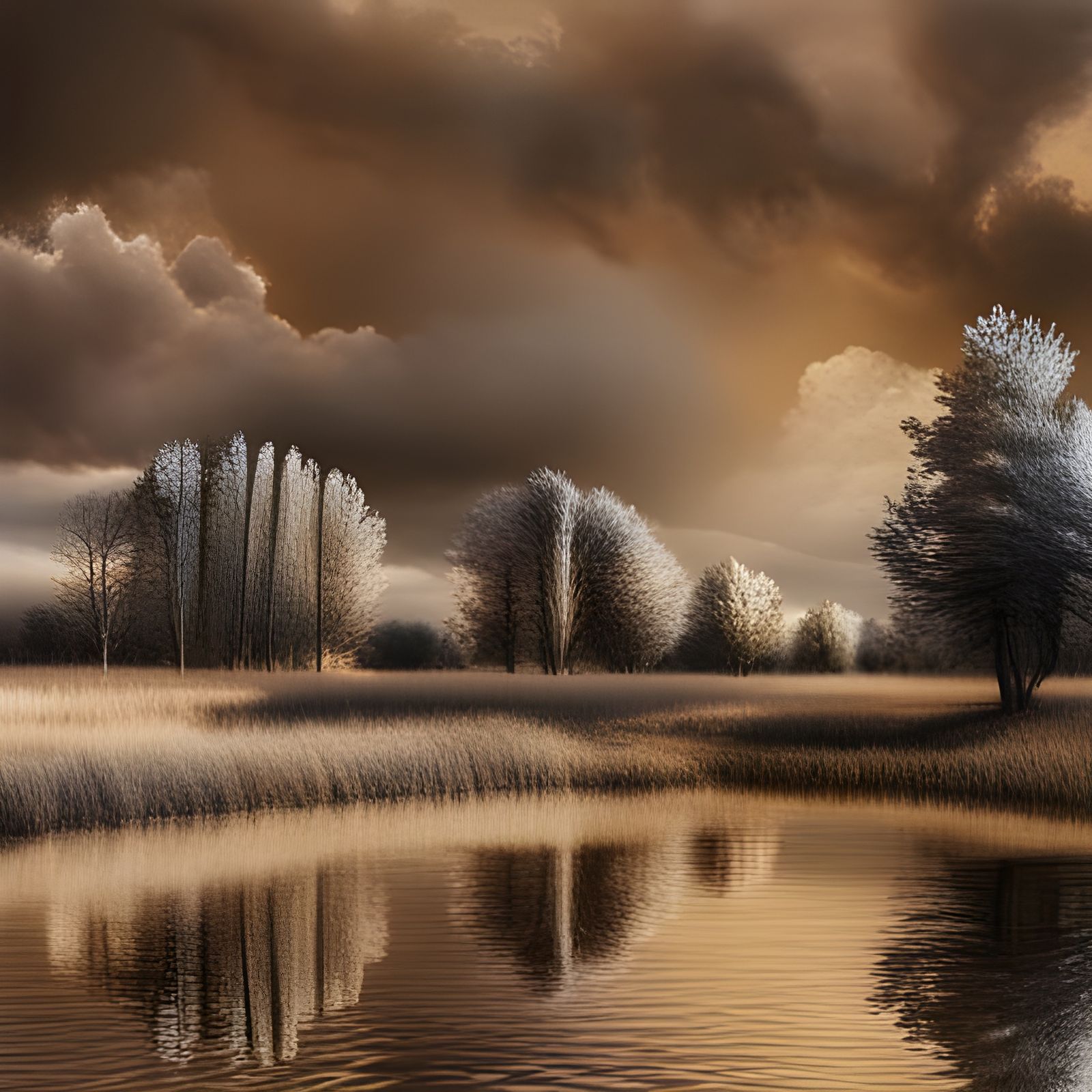 Hyper realistic landscape with trees, clouds, pond, reflex o...