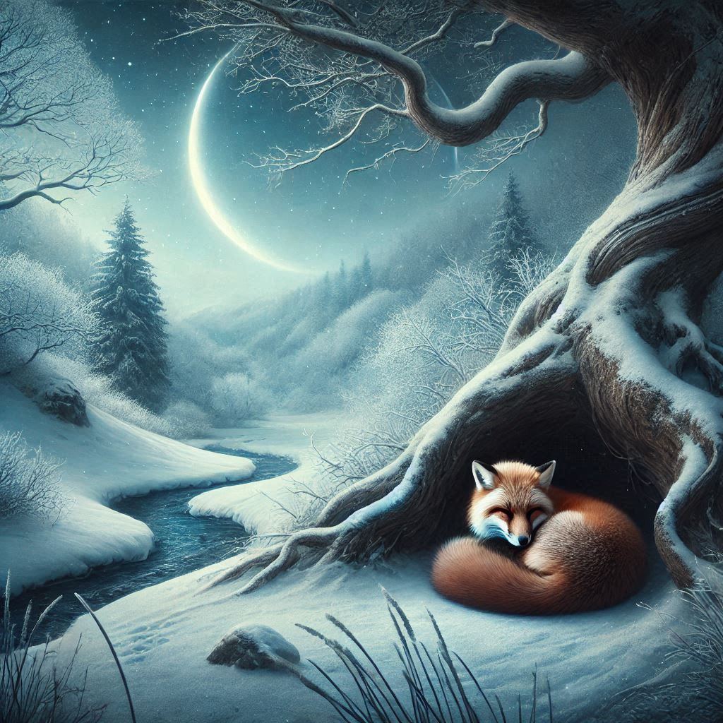 A serene winter landscape showing a fox curled up in its den, deep in hibernation