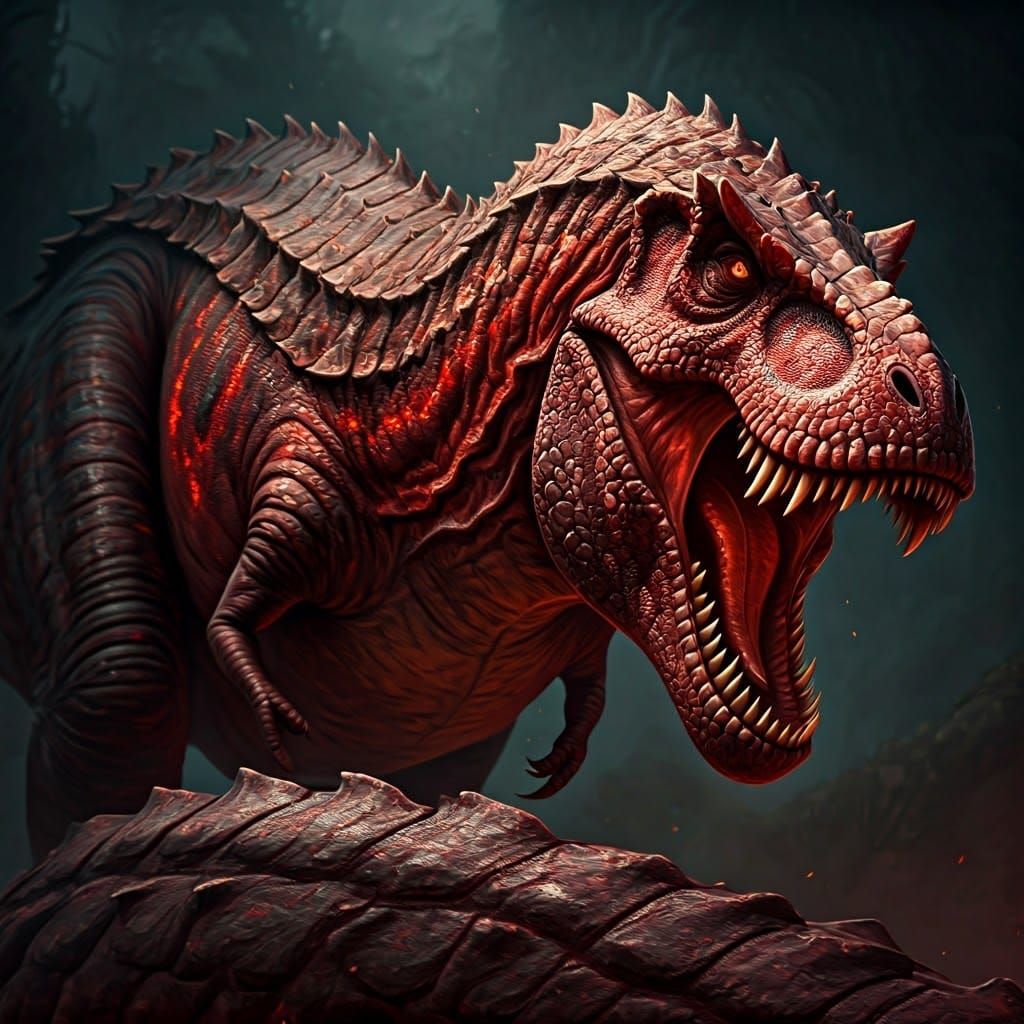 A colossal iridescent scarlet red tyrannosaurus rex with two...