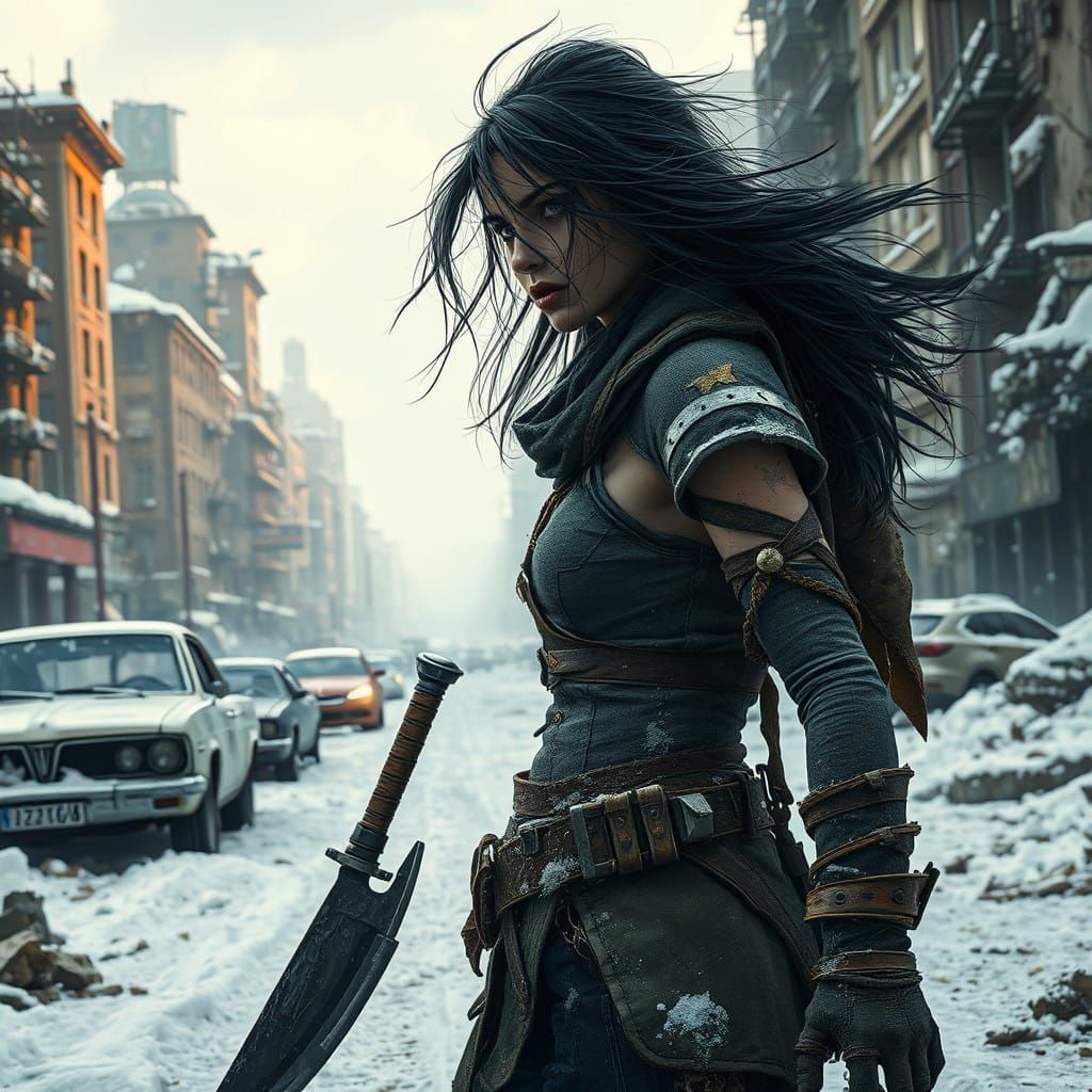 Post-Apocalyptic Warrior Girl in Nuclear Winter Landscape