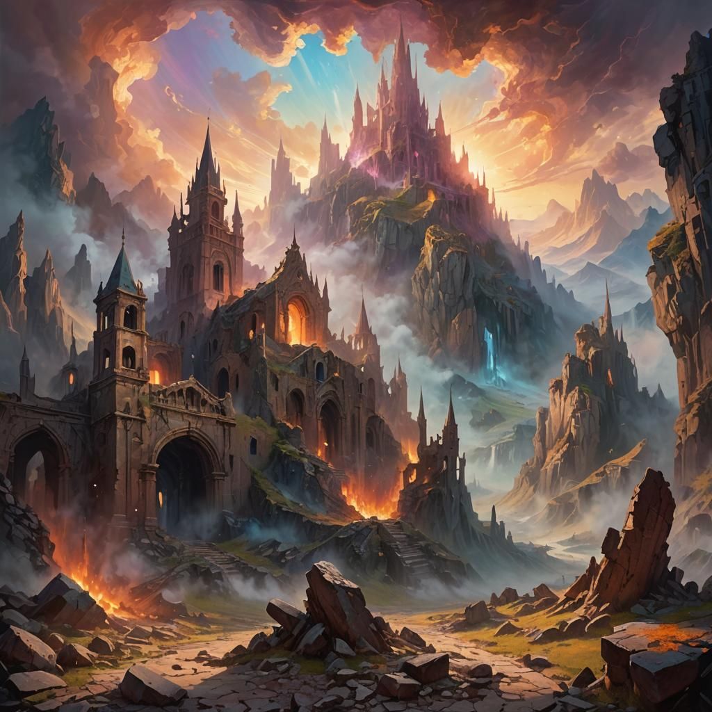 Ethereal Surrealist Landscape with Shattered Spires