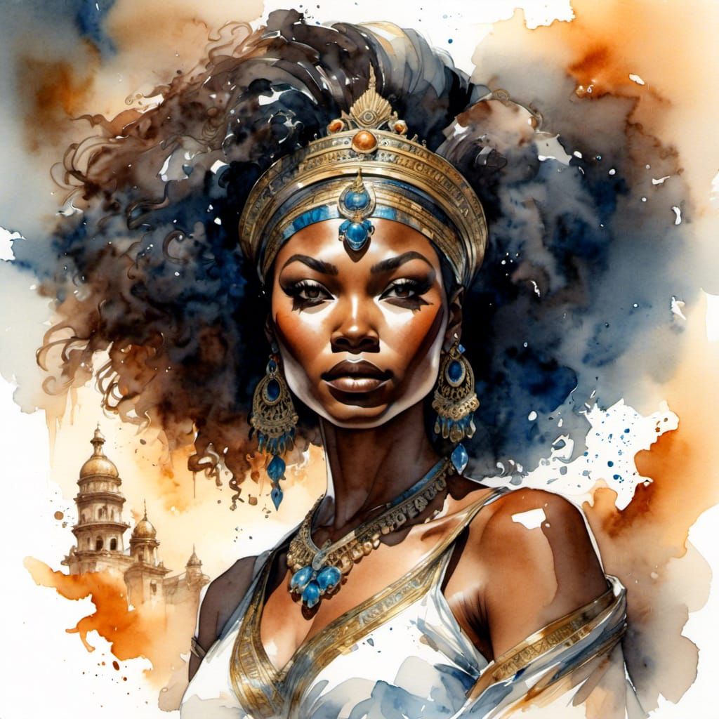 <lora:WatercolorMix1:1.0> A logo of a strong black female goddess on her spiritual journey  waking up to the world aroun...