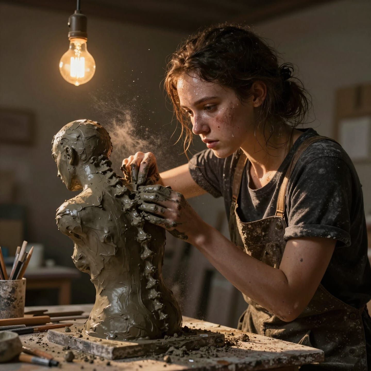 a young sculptor in a dimly lit studio, her face streaked with clay and sweat, eyes locked on the emerging ...  by @Thinus Bothma
