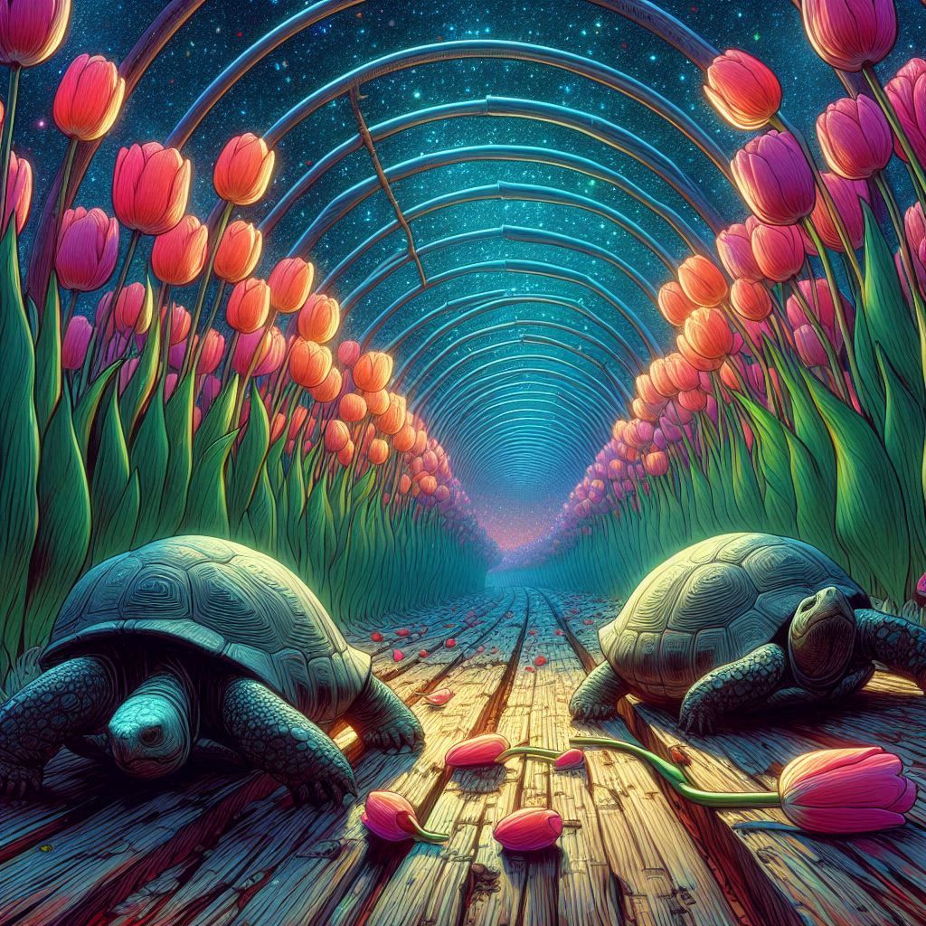 Tired turtles tiptoe through towering tulip tunnels tonight.