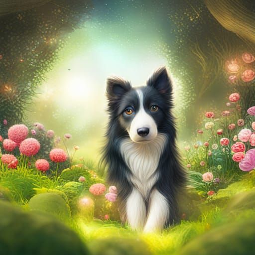 An elegant Border Collie in a magical garden