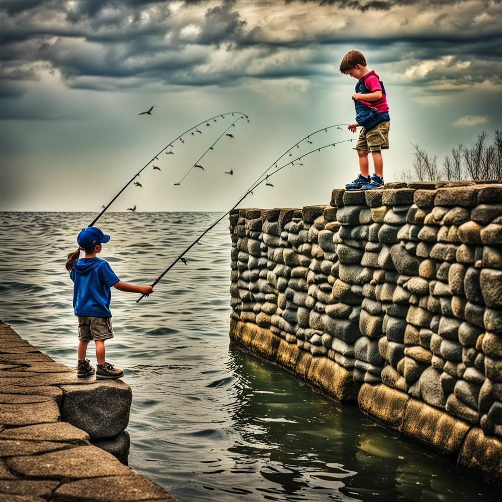 fishing in lake erie, standing on the break stone wall with ...