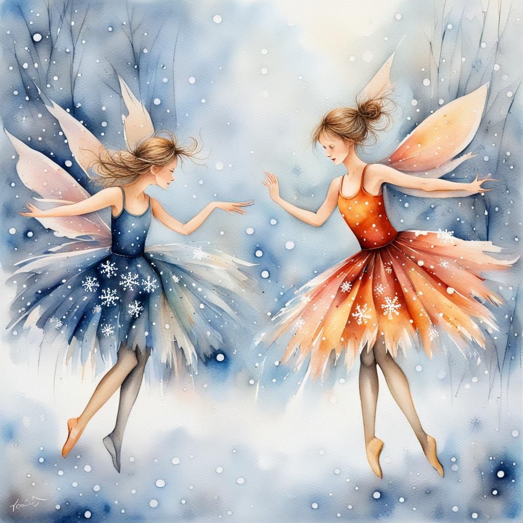 The fairies dance lightly in the snow falling