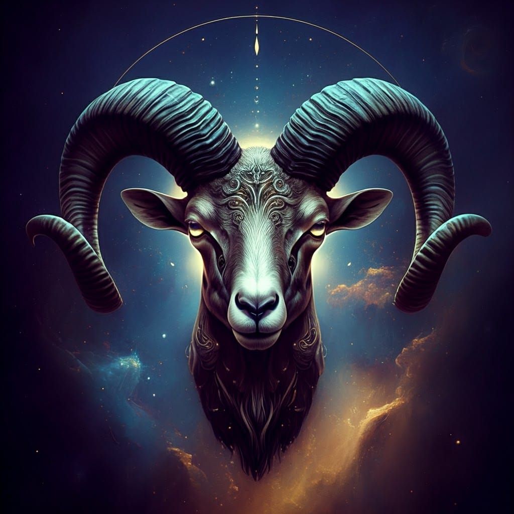 Cosmic Ram's Head in Surreal Celestial Art
