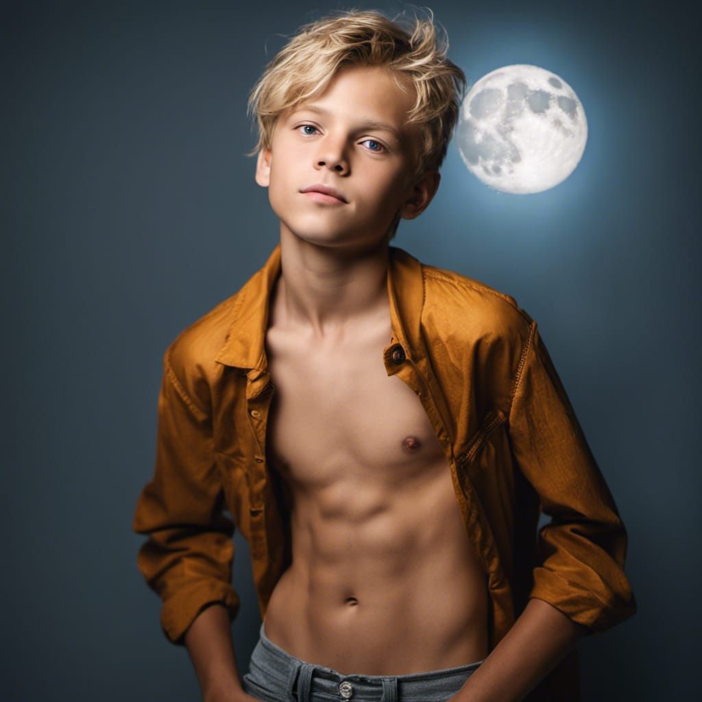 Front of romantic blond boy 12yo full body abs beautiful face moon ...