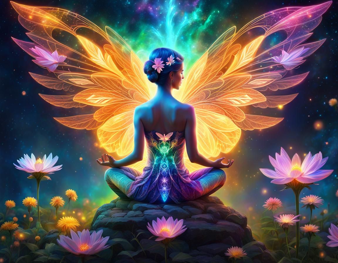 full portrait of a meditating pixie-cut female figure with s...