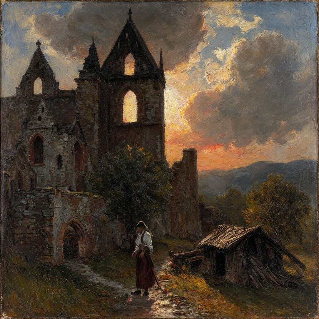 monastery ruins and cottager on an evening in late autumn  by @Kurt von Donnersberg