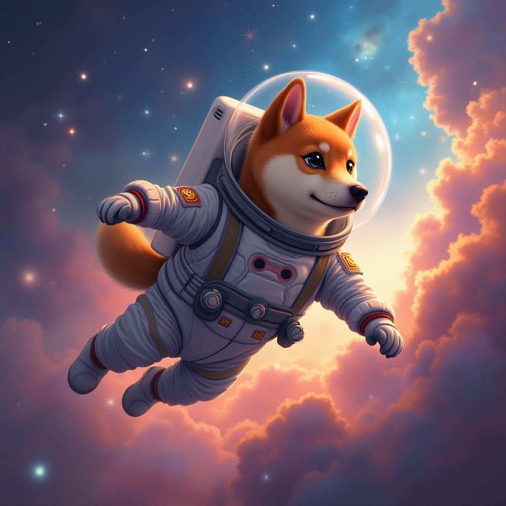 A Shiba Inu astronaut floating weightlessly through a vibrant nebula, clad in a custom-fitted spacesuit adorned with Dogecoin logos, his ear...