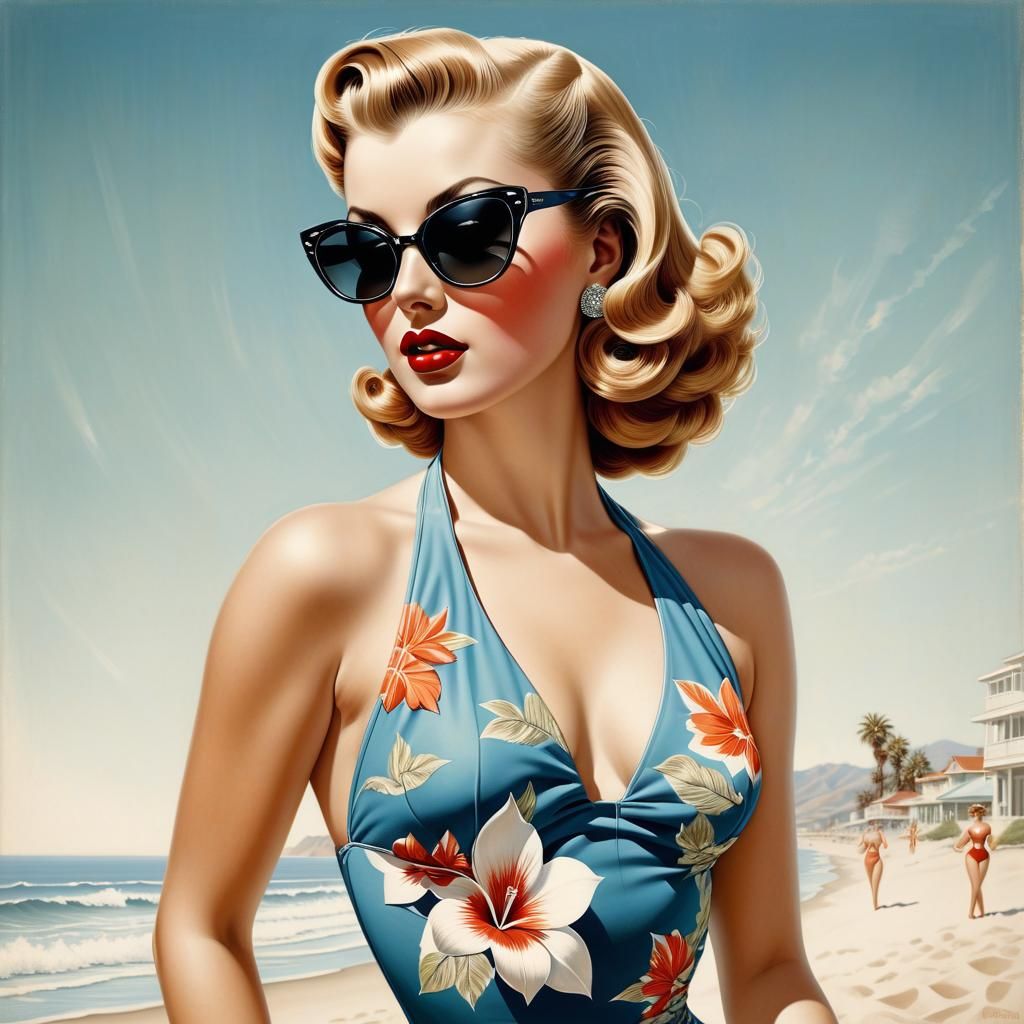 Vintage Pin-Up Girl on California Beach in Vargas Style