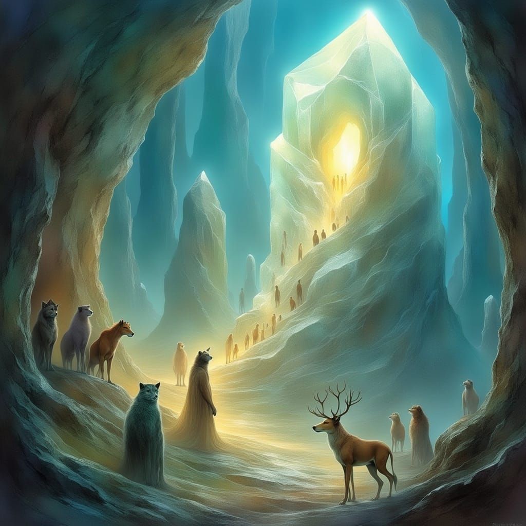 <lora:Archetypal Images:1.0> A gigantic quartz crystal sticks out of the earth surrounded by animals and children 