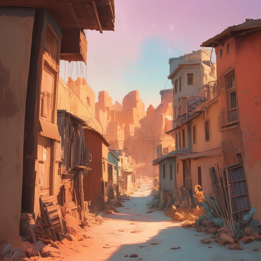 Vibrant Expressionist Oil Painting of a Ghost Town at Twilig...