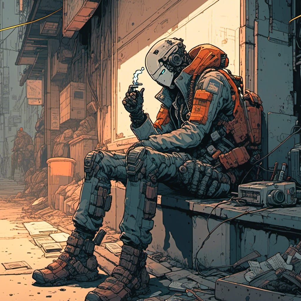 a tired cyborg punk with a cybernetic hand and a lighter, lighting a cigarette in his mouth while sitting in a dingy cyberpunk alleyway. <lo...