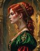 beautiful woman in profile, Middle Ages, red and green velvet clothes ...