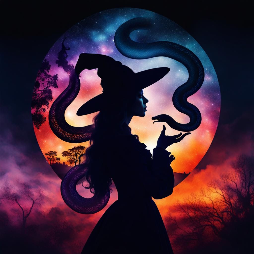 dark sunset, double exposure of silhouette dark witch holding a python ...