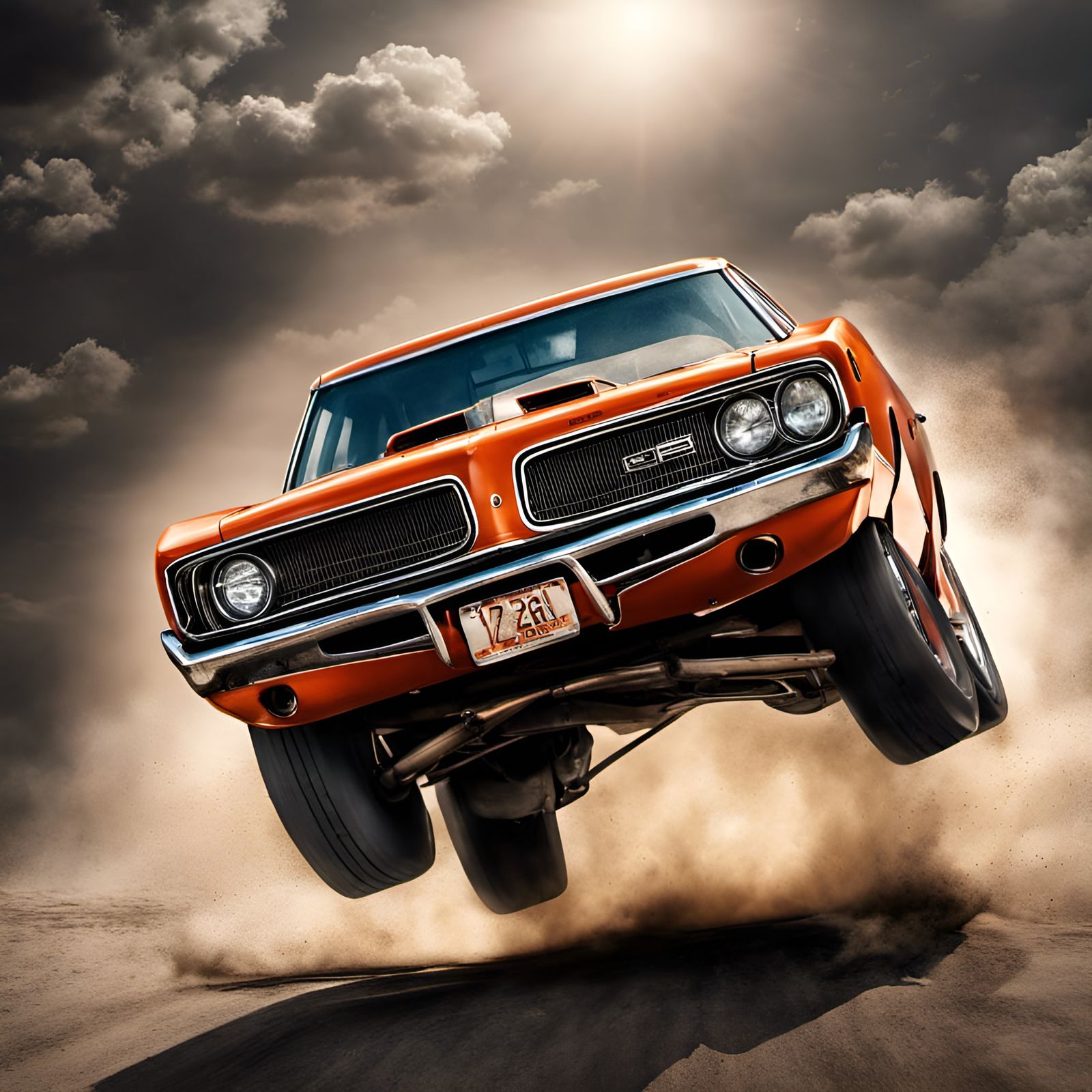 General lee car jumping off the page towards the viewer four...
