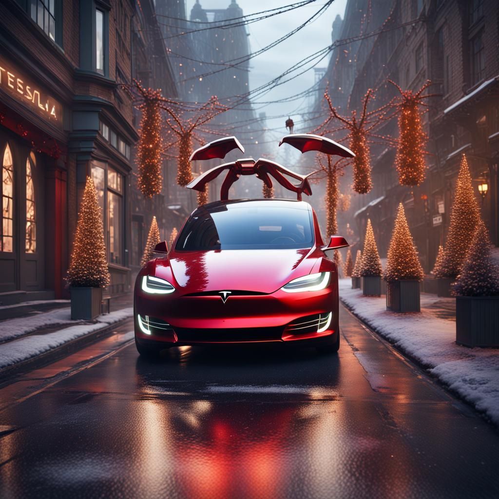 tesla in streets in christmas season