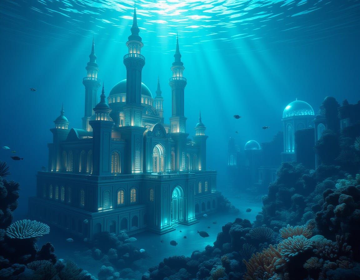 A realistic depiction of a very luxurious and harmonious classical royal palace with tall towers under the ocean, next to an underwater metr...