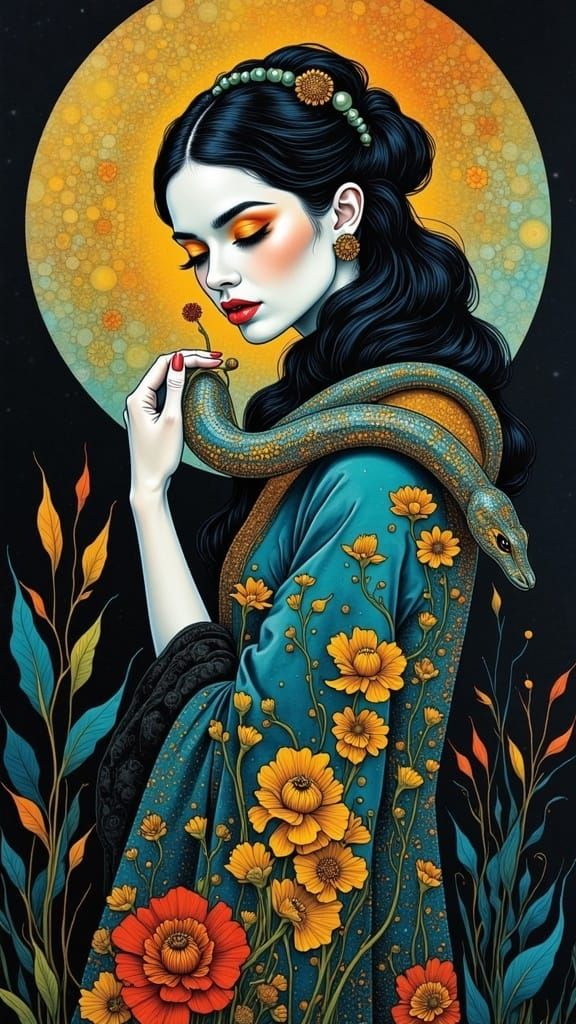 <lora:Bold:1.0> Cloisonné :Harry Clarke: a bold alcohol ink bleed drawing, by Antonio Rotta, Artstation, figurative art, surealist snake, go...