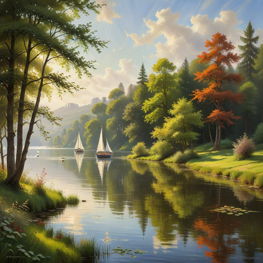 Impressionist Lakeside Scene with Sailboats and Trees