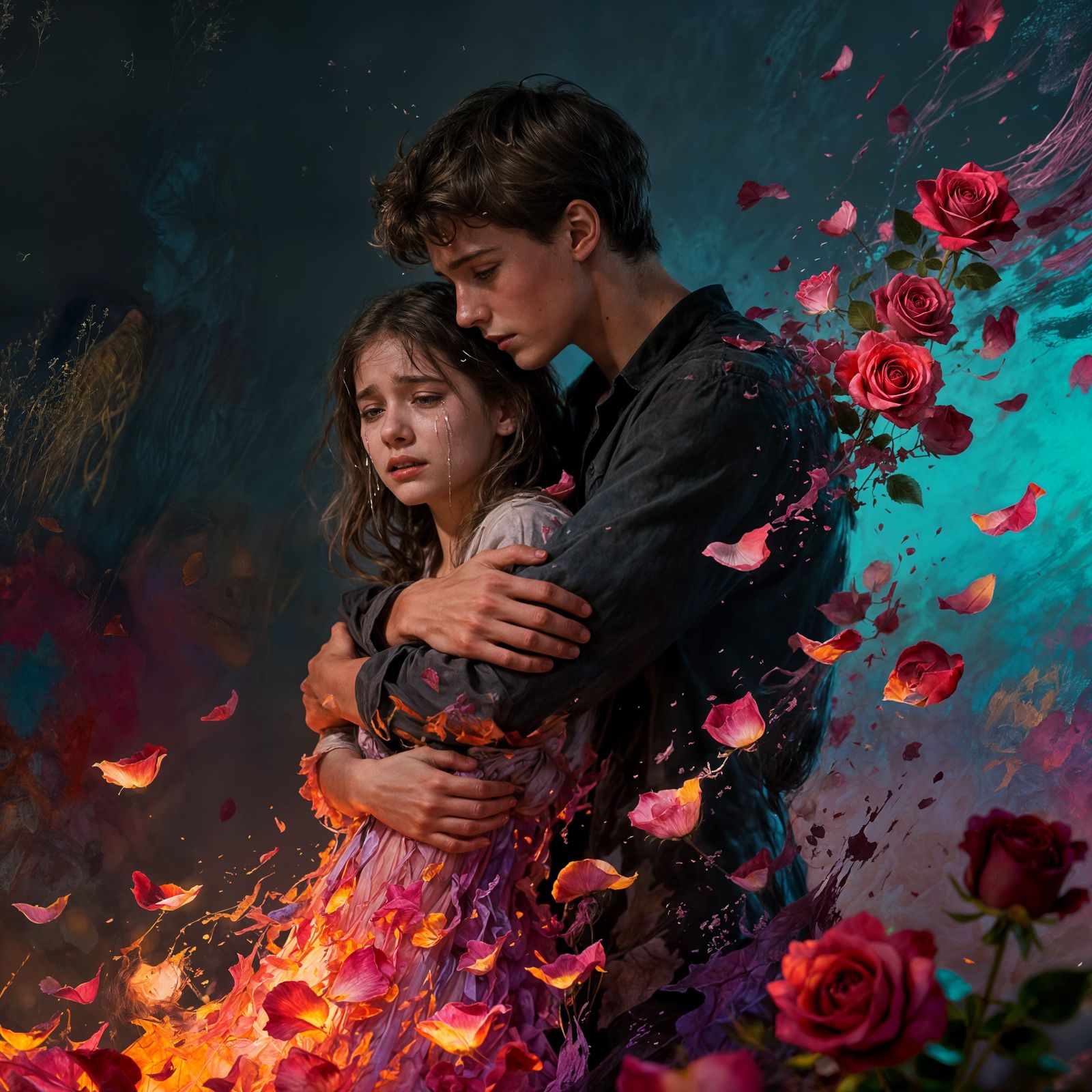 A tragic, emotional scene in the style of Claire Obscure Expedition 33. A young man holds a girl tightly ...  by @Schoor