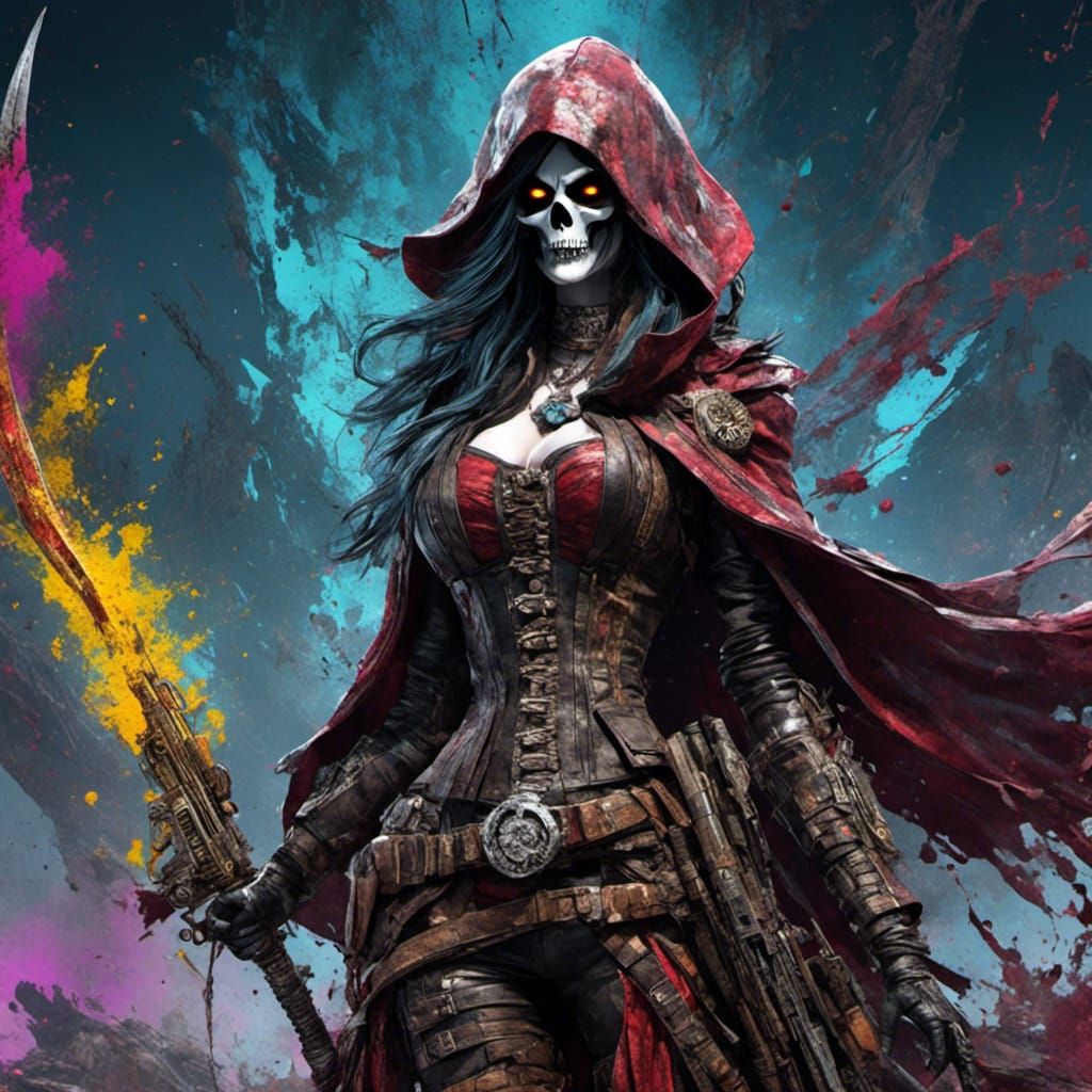 <lora:BL:1.0> ultrafine full portrait HD 3D Octane HD Image; Beautifully Authentic curvacious attractive lady death reaper in borderlands ar...