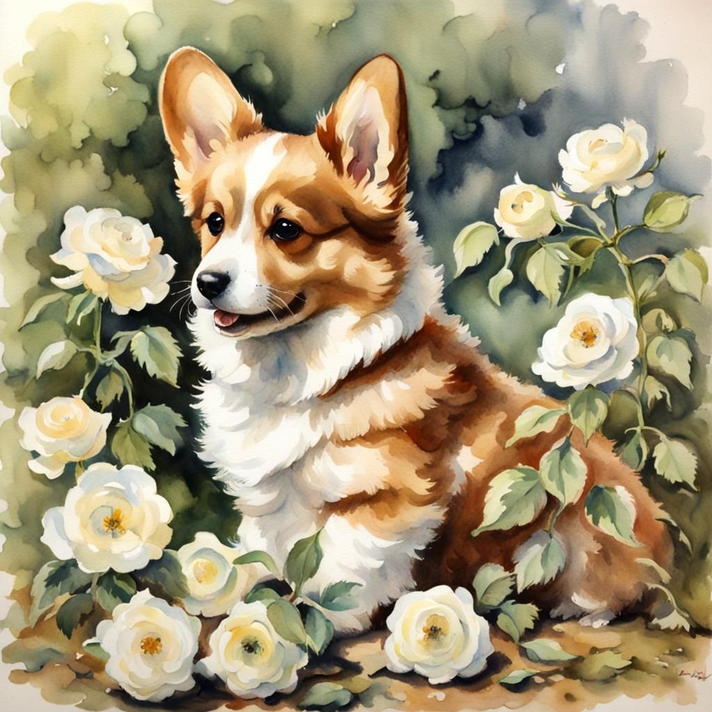 Roses And The Corgi  by @Hesione