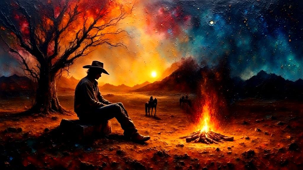 A lone cowboy sits around a campfire...  by @mvm7