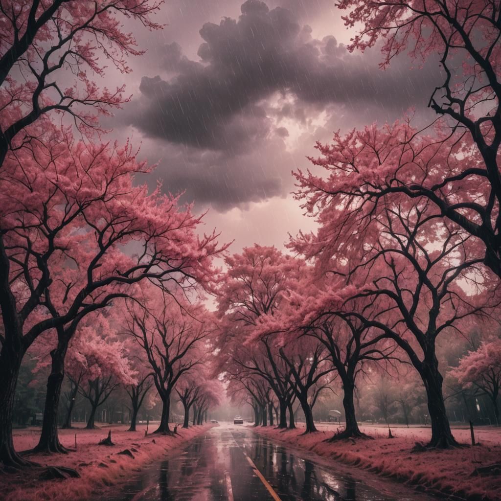 Fantasy pink trees, sun and rain