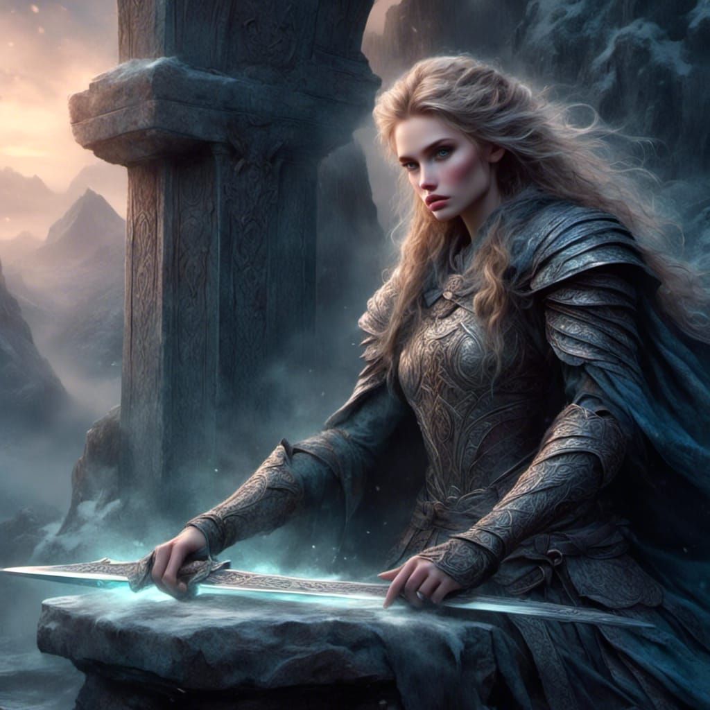 Glowing Sword on Pedestal in Fantasy Chamber