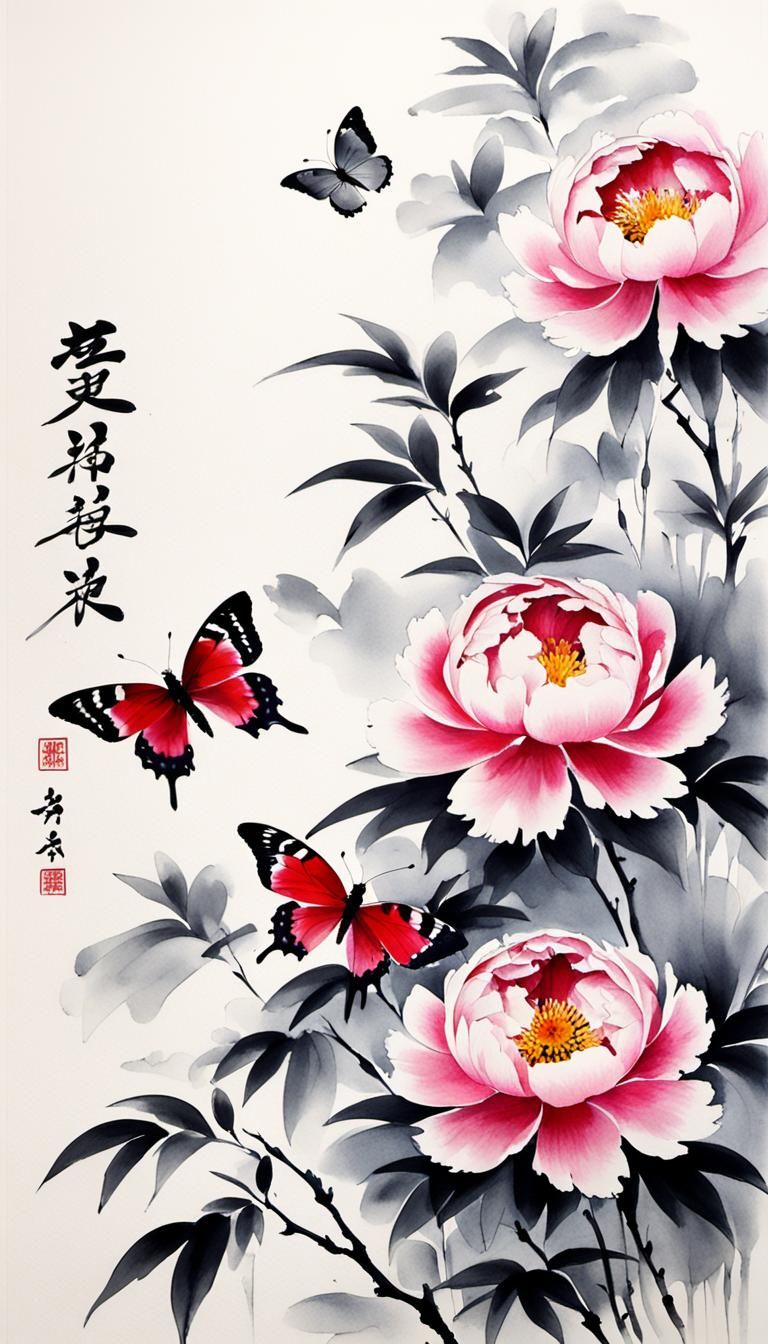 Ink painting of Peony flowers  by @Me May Phim